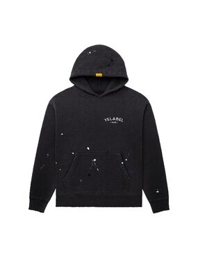 YELABEL Black Pullover Hoodie with Paint-Splatter Detail